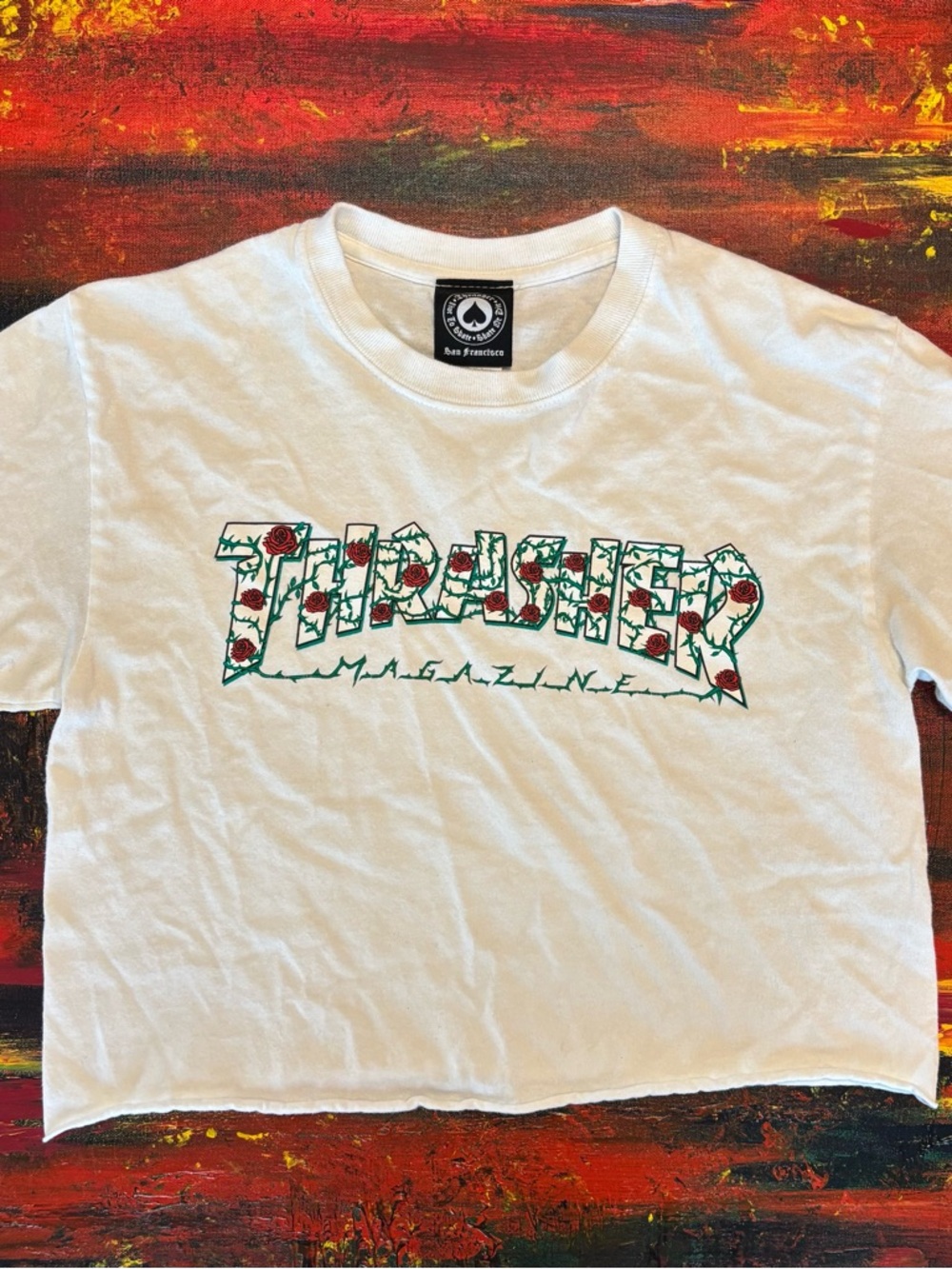 Thrasher White Short Sleeve Tee with Green Thorn & Red Rose Graphic